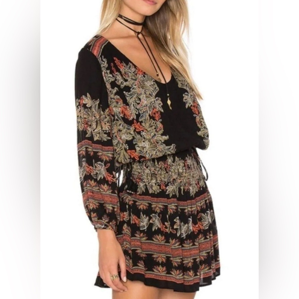 Free People Moonlight Drive Mini Dress XS Floral Boho Peasant gypsy smocked G